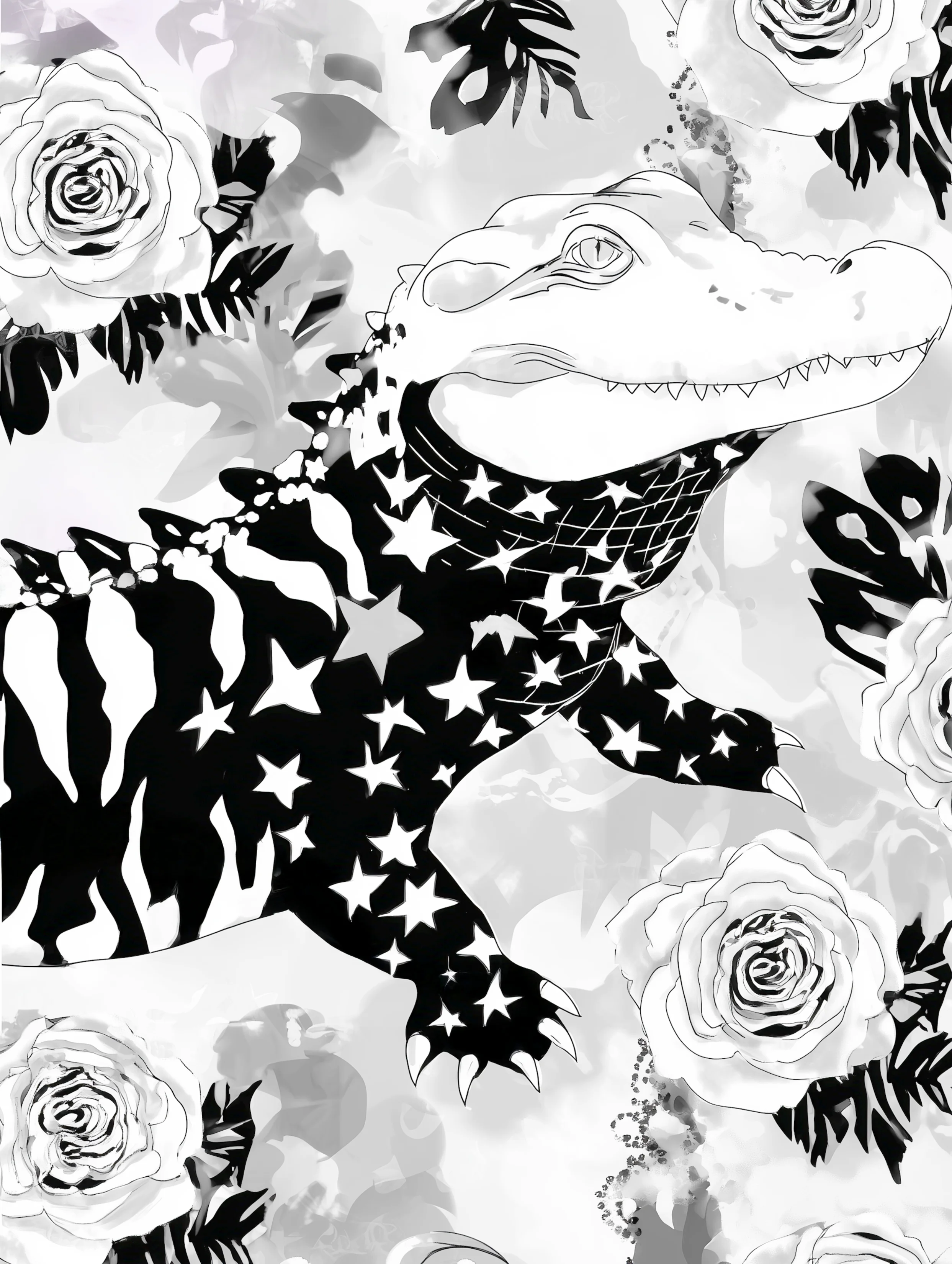 Free printable crocodile coloring pages for adults featuring sideview croc with stars